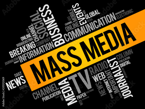 Mass media word cloud collage, technology business concept background