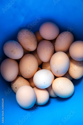 Pile of eggs on blue background