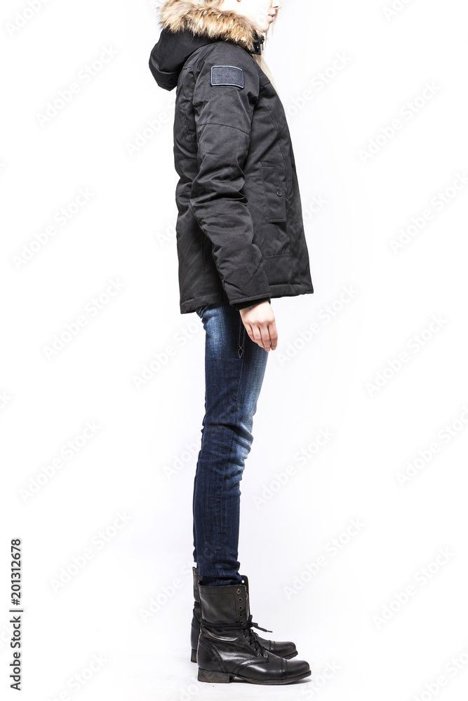 woman stand up wearing coat isolated white. woman stand up wearing coat isolated white.