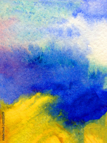 Watercolor abstract bright colorful textural background handmade . Painting of clouds and sky during sunset . Modern sky scape.