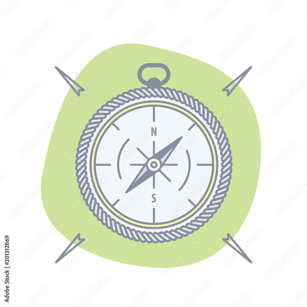 Compass With Rope Around On Green Grass Background. Compass With Rope Around On Green Grass Background.