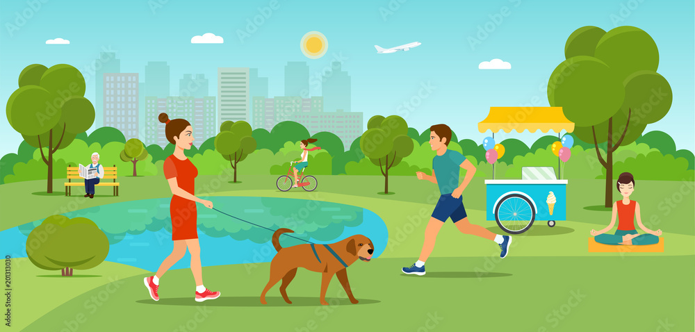 Girl is walking with a dog. Grandfather sitting on the bench and reading newspaper Young man running and girl riding a bicycle in the park. Vector flat illustration Girl is walking with a dog. Grandfather sitting on the bench and reading newspaper Young man running and girl riding a bicycle in the park. Vector flat illustration