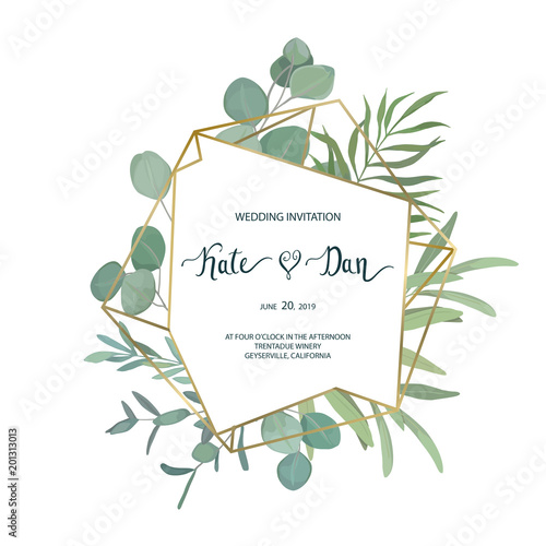 Floral greenery card template with eucalyptus branch. For wedding invitation, save the date, birthday, Easter. Vector illustration. Watercolor style