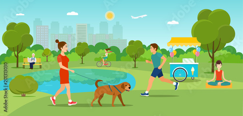 Girl is walking with a dog. Grandfather sitting on the bench and reading newspaper Young man running  and girl riding a bicycle in the park. Vector flat illustration