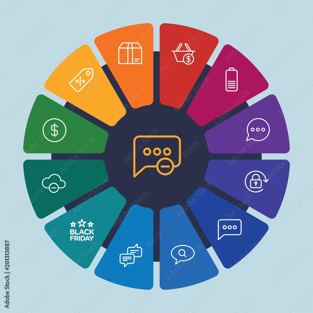 cloud and networking, chat and messenger, mobile, shopping Infographic Circle outline Icons Set. Contains such Icons as friday, dialogue, dollar, package and more. Fully Editable. Pixel Perfect cloud and networking, chat and messenger, mobile, shopping Infographic Circle outline Icons Set. Contains such Icons as friday, dialogue, dollar, package and more. Fully Editable. Pixel Perfect