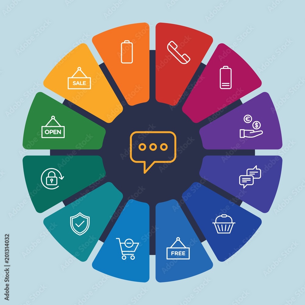 cloud and networking, chat and messenger, mobile, shopping Infographic Circle outline Icons Set. Contains such Icons as shop, retail, message, battery, chat and more. Fully Editable. Pixel Perfect cloud and networking, chat and messenger, mobile, shopping Infographic Circle outline Icons Set. Contains such Icons as shop, retail, message, battery, chat and more. Fully Editable. Pixel Perfect