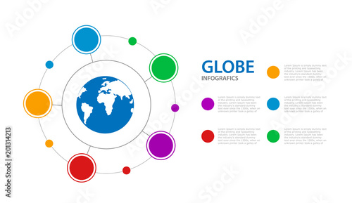 Infographics business with a globe in the center of the circle. Presentation business infographic template with 5 options. Horizontal Vector illustration.