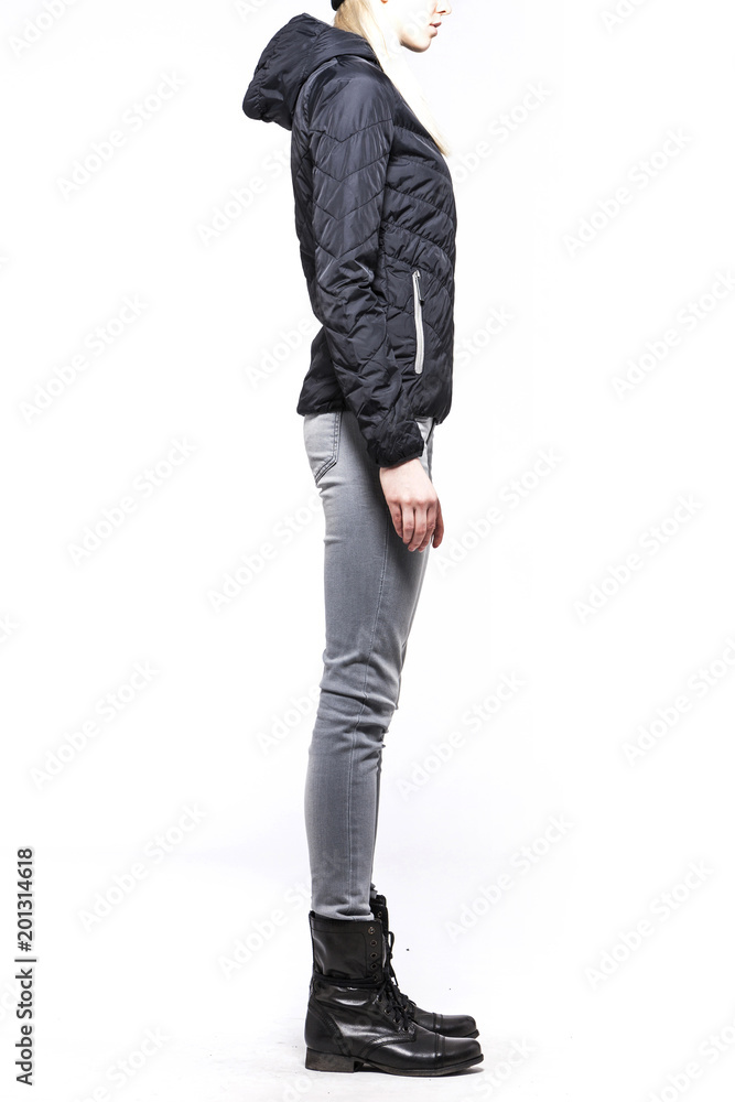 woman stand up wearing clothes isolated white.