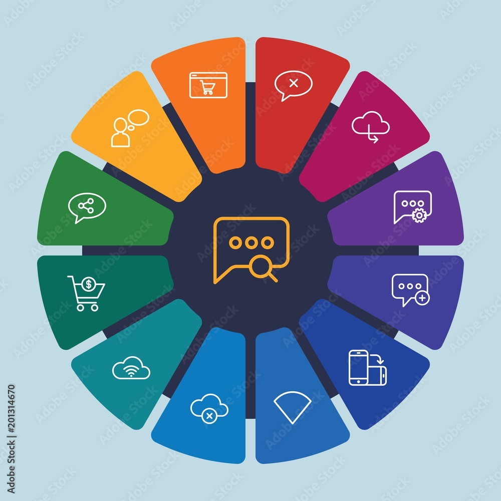 cloud and networking, chat and messenger, mobile, shopping Infographic Circle outline Icons Set. Contains such Icons as vector, bubble, smartphone, cloud and more. Fully Editable. Pixel Perfect cloud and networking, chat and messenger, mobile, shopping Infographic Circle outline Icons Set. Contains such Icons as vector, bubble, smartphone, cloud and more. Fully Editable. Pixel Perfect