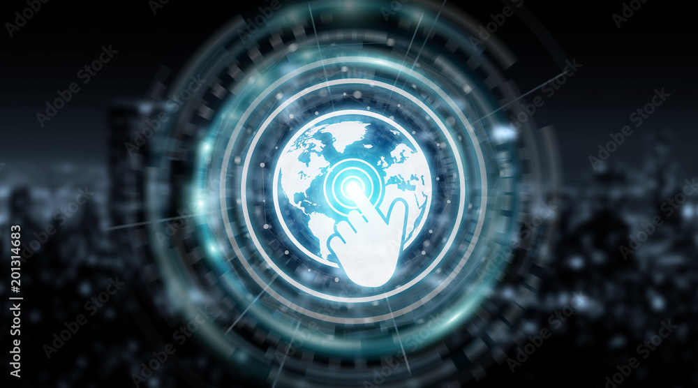 Obraz premium Digital world map screen interface 3D rendering