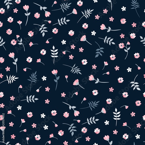 Wallpaper Mural Ditsy vector seamless pattern with small pink flowers and leaves on dark background. Floral print for fabric, textile, wallpaper. Torontodigital.ca