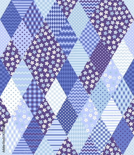 Patchwork in blue colors. Vector seamless pattern from rhombus patches with geometric and floral ornaments. Vintage boho style.