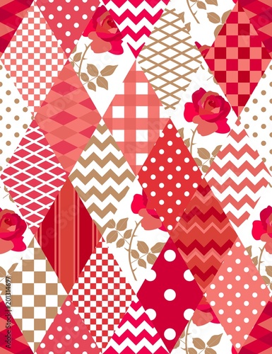 Seamless patchwork pattern with floral and ornamental patches in red, white and gold colors. Country style. Vector illustration.