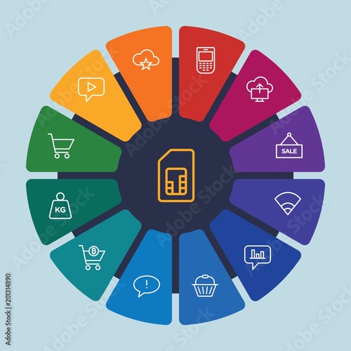 cloud and networking, chat and messenger, mobile, shopping Infographic Circle outline Icons Set. Contains such Icons as  concept,  money,  message, stats,  sim and more. Fully Editable. Pixel Perfect