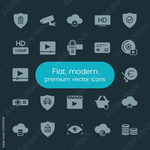 Modern Simple Set of money, cloud and networking, security, video Vector fill Icons. ..Contains such Icons as video, database, money, web and more on dark background. Fully Editable. Pixel Perfect.