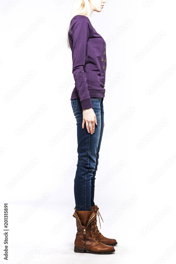 Naklejka premium woman stand up wearing clothes isolated white.