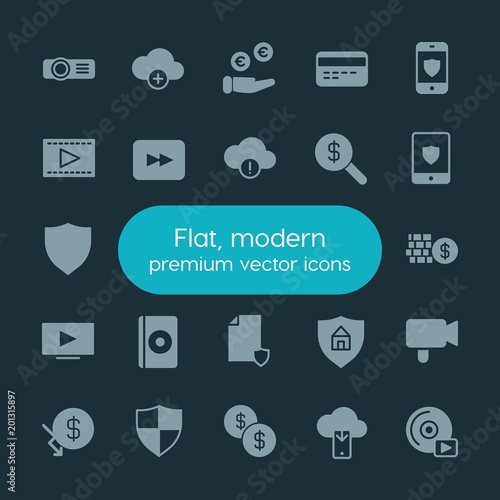 Modern Simple Set of money, cloud and networking, security, video Vector fill Icons. ..Contains such Icons as sign, play, debit, secure and more on dark background. Fully Editable. Pixel Perfect.