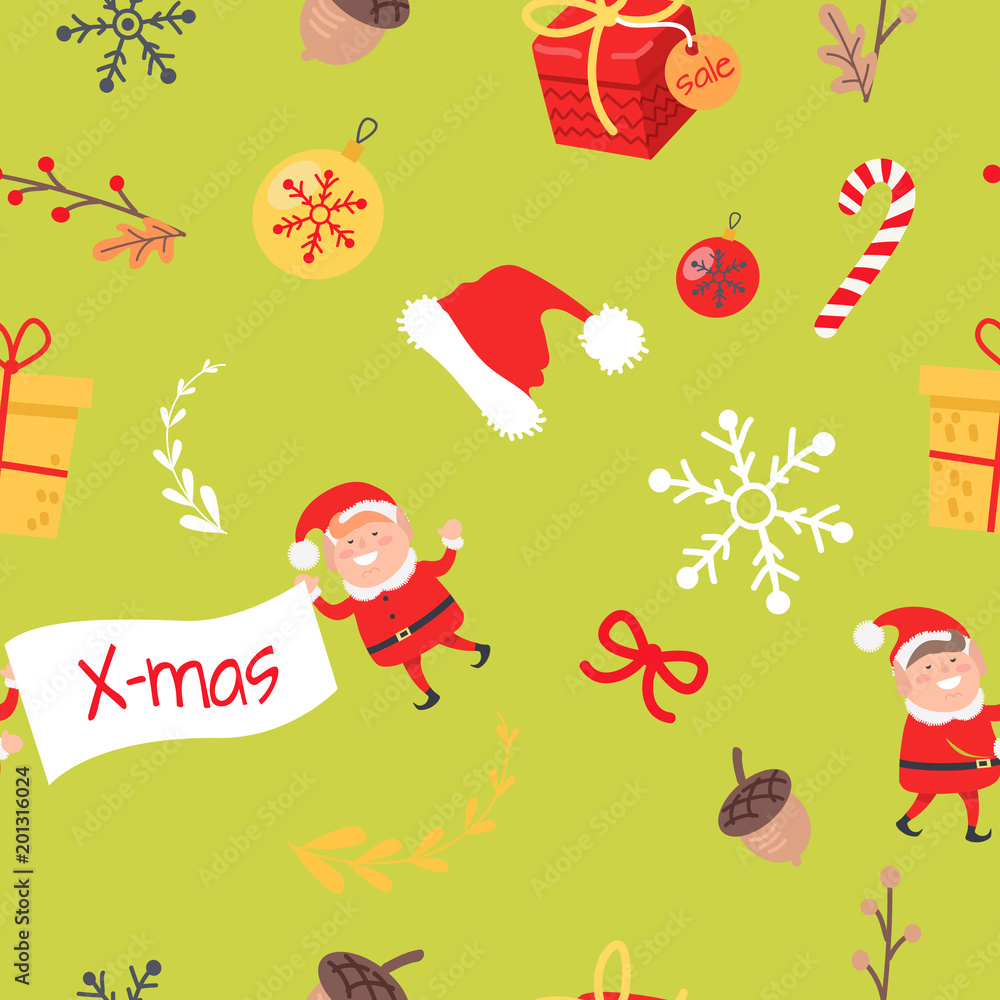 Wallpaper Design with Elves, Acorns and Branches Wallpaper Design with Elves, Acorns and Branches