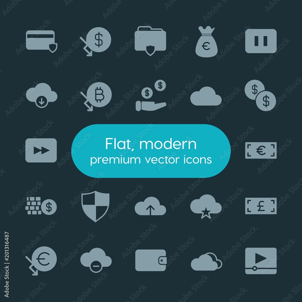 Modern Simple Set of money, cloud and networking, security, video Vector fill Icons. ..Contains such Icons as stop, sky, credit, web, sky and more on dark background. Fully Editable. Pixel Perfect. Modern Simple Set of money, cloud and networking, security, video Vector fill Icons. ..Contains such Icons as stop, sky, credit, web, sky and more on dark background. Fully Editable. Pixel Perfect.