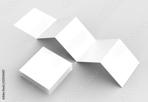 10 page leaflet, 5 panel accordion fold square brochure mock up isolated on light gray background. 3D illustrating.