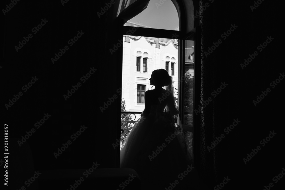 Silhouette of charming bride in ther wedding morning