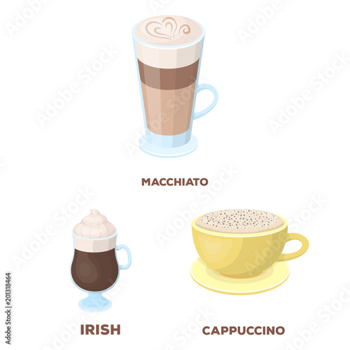 Different kinds of coffee cartoon icons in set collection for design. Coffee drink vector symbol stock web illustration.