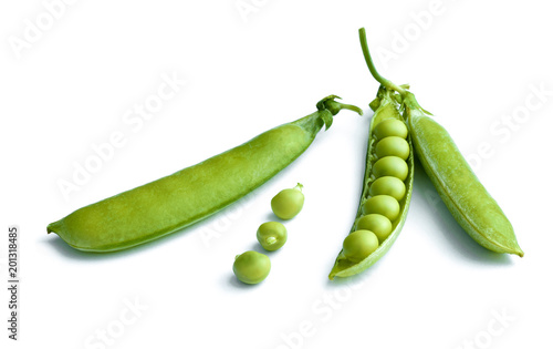 Green peas, close-up view, isolated on white background
