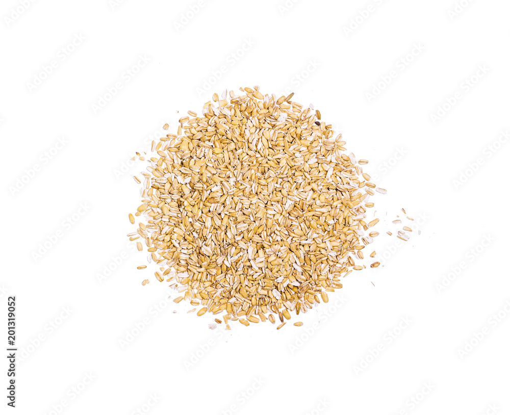 Pile of oat flakes, heap of uncooked ripe oat ears grains, oatmeal, isolated on white background, top view, healthy food
