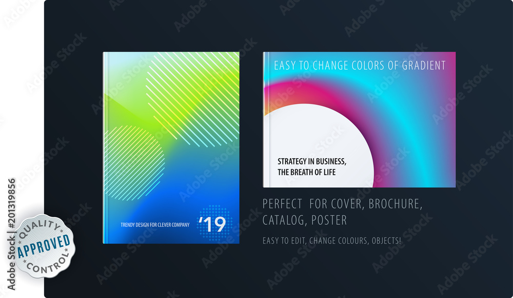 Abstract colourful graphic design of brochure in fluid liquid style with blurred smooth background. Set