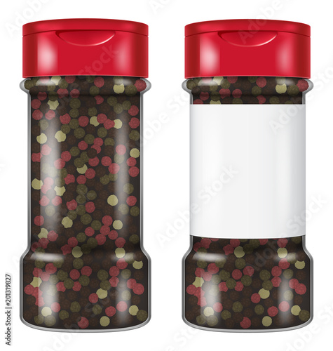 Bottle of peppercorns in two versions: with and without a blank label. Vector illustration.