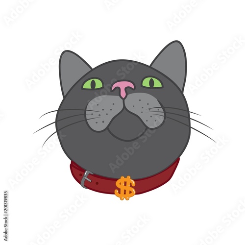 The muzzle of the cat that looks up. The dollar is on the collar. Cute vector illustration.