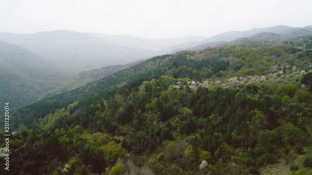 Aerial View In The Mountains With Pale Mist At The Background