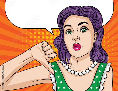 Vector pop art comic style illustration of a beautiful young woman keep finger down. retro style girl showing dislike