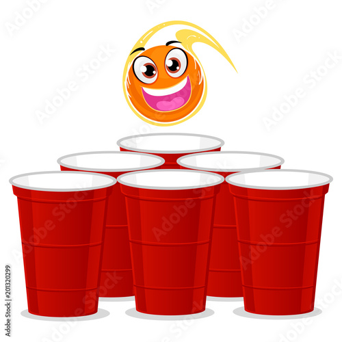 Illustration of Ball Mascot being thrown at the Beer Pong Plastic cup.