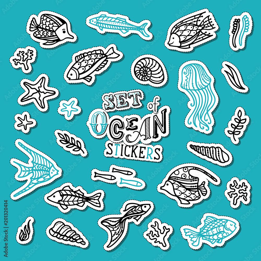 Vector set of doodles ocean patches, stickers, embroidery and sticky labels. Vector set of doodles ocean patches, stickers, embroidery and sticky labels.