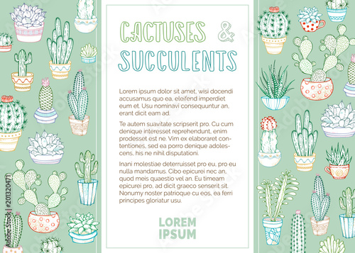 Cactuses and succulents vector background.