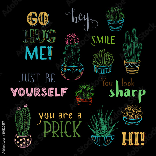 Vector cacti and hand-written lettering on black background.