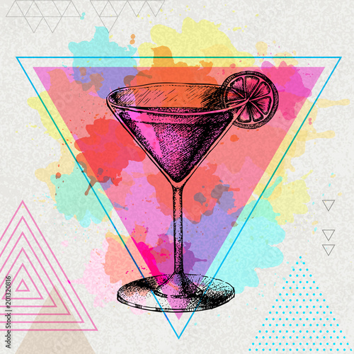 Hipster cocktail cosmopolitan illustration on artistic polygon watercolor background