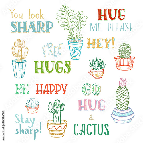 Vector linear cacti and hand-written lettering on white background.