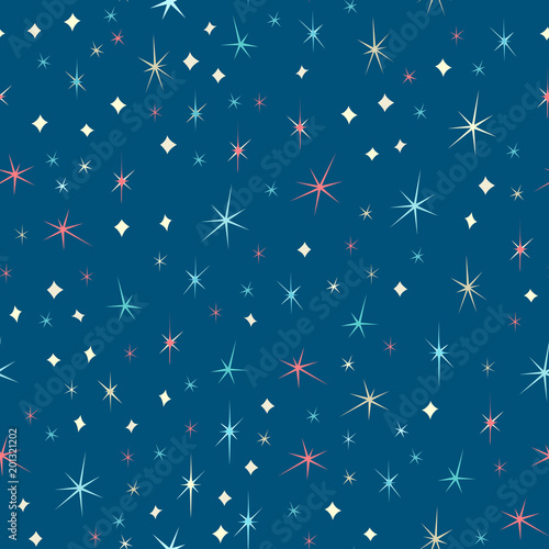Vector seamless pattern of stars on dark blue background.