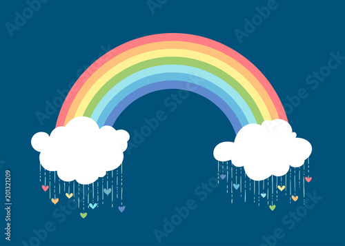 Rainbow and clouds on dark blue background.