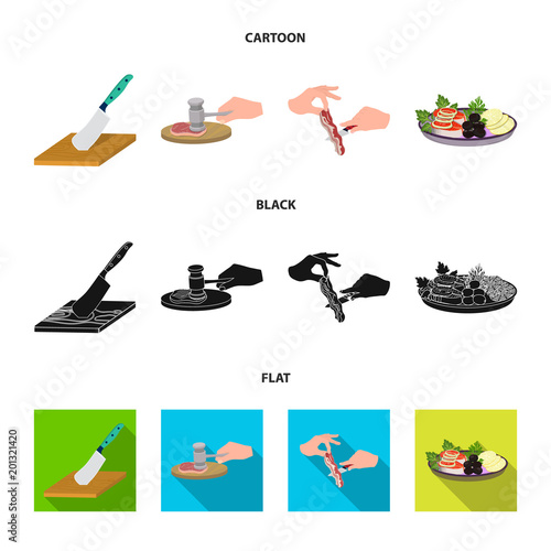 Cutlass on a cutting board, hammer for chops, cooking bacon, eating fish and vegetables. Eating and cooking set collection icons in cartoon,black,flat style vector symbol stock illustration web.