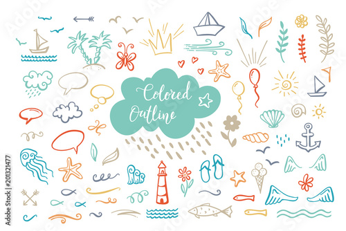 Vector hand-drawn colored outline clipart on sea / ocean / summer theme.
