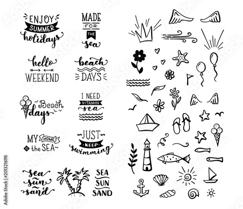 Vector hand-drawn lettering and doodle clipart on sea / ocean theme.