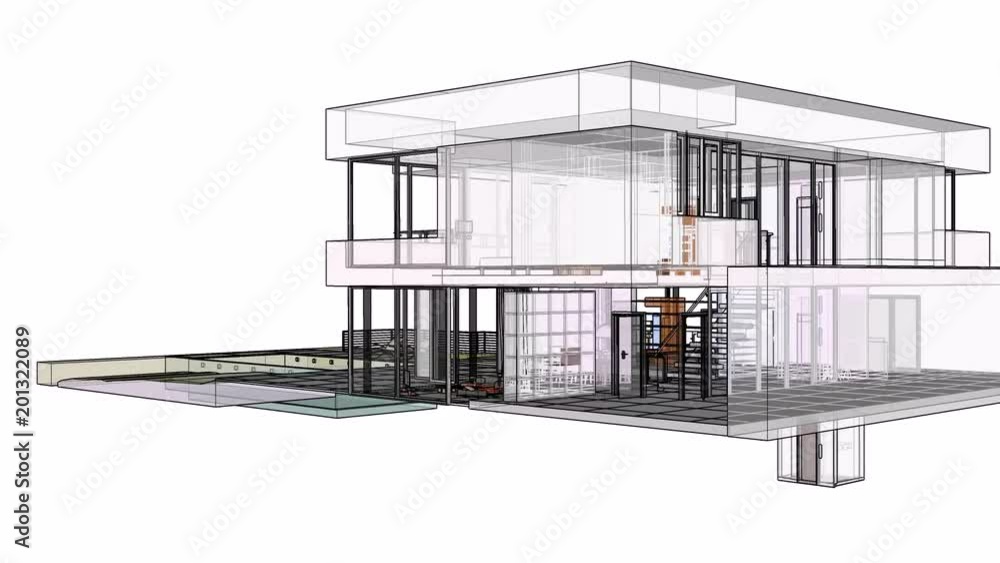 Construction of a residential building with a territory and a swimming pool. 3d graphics in lines with transparent walls