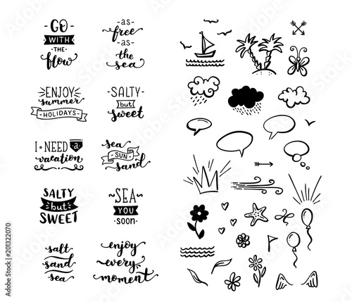 Vector hand-drawn lettering and clipart elements on sea / ocean theme.