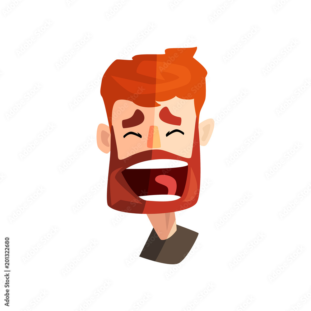 Happy laughing redhead bearded man, male emotional face, avatar with facial expression vector Illustration on a white background Happy laughing redhead bearded man, male emotional face, avatar with facial expression vector Illustration on a white background