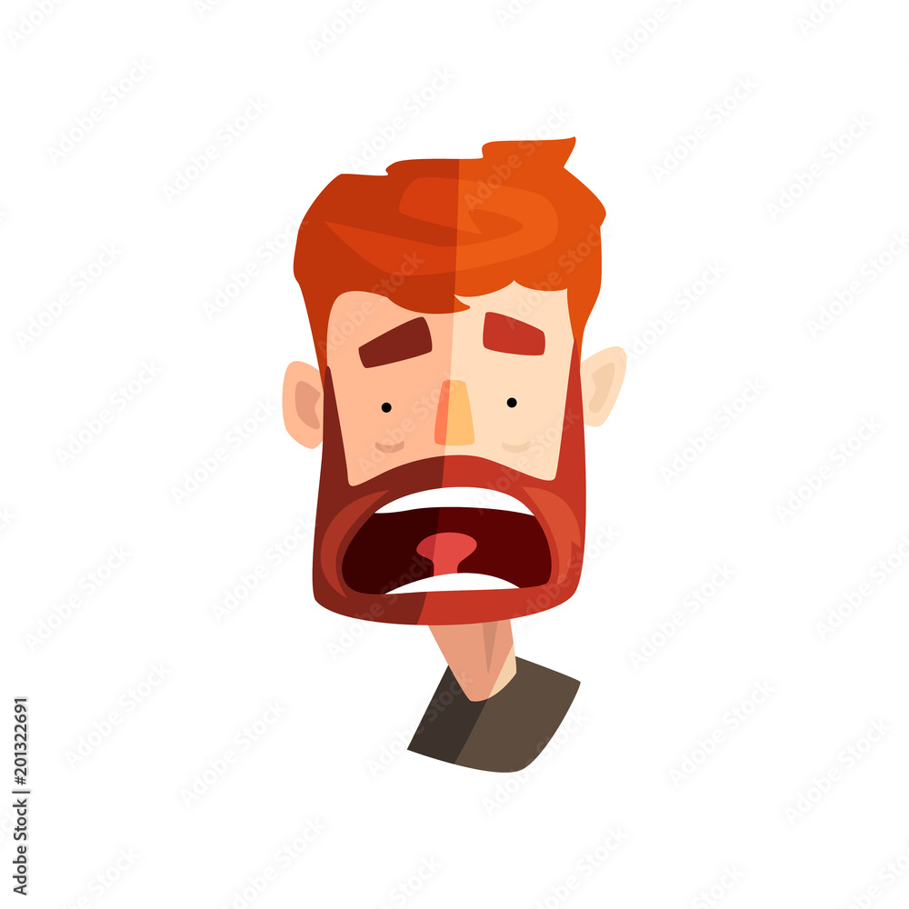 Frightened redhead bearded man, male emotional face, avatar with facial expression vector Illustration on a white background Frightened redhead bearded man, male emotional face, avatar with facial expression vector Illustration on a white background