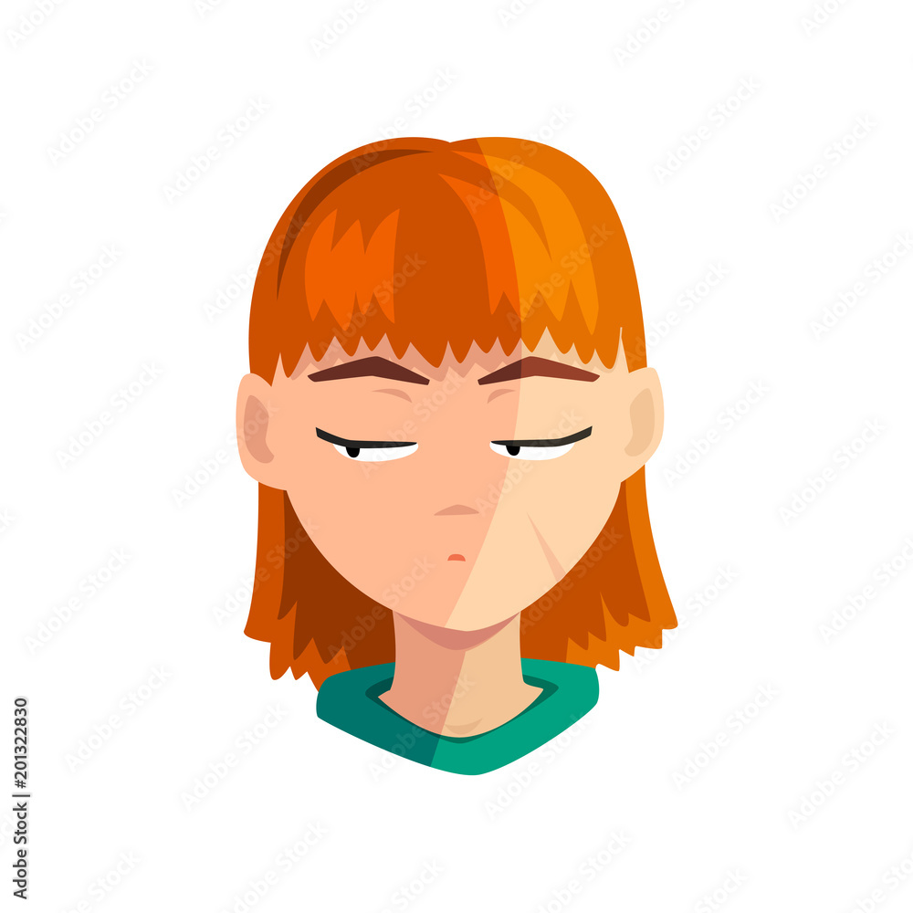 Shy redhead girl, female emotional face, avatar with facial expression vector Illustration on a white background Shy redhead girl, female emotional face, avatar with facial expression vector Illustration on a white background