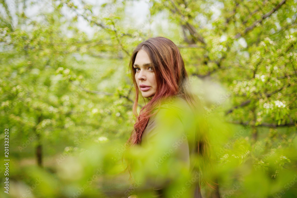 lovely girl in spring blossoming garden lovely girl in spring blossoming garden
